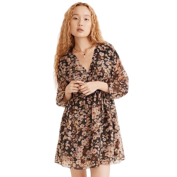 Madewell Drawstring Faux-Wrap Mini Dress in Daisy Reverie Sz S - Picture 5 of 16